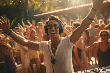 A poolside DJ entertaining a lively crowd with music and dancing. Concept of poolside...
