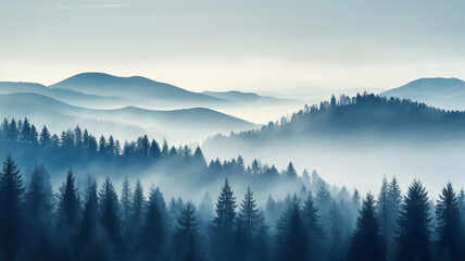 Fototapeta premium Misty landscape with forest. Fog over spruce forest trees at early morning. Spruce trees silhouettes on mountain hill forest at autumn foggy scenery. 