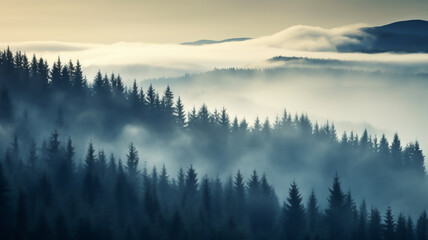 Misty landscape with forest. Fog over spruce forest trees at early morning. Spruce trees silhouettes on mountain hill forest at autumn foggy scenery. 