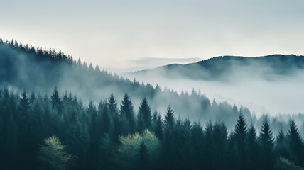 Misty landscape with forest. Fog over spruce forest trees at early morning. Spruce trees silhouettes on mountain hill forest at autumn foggy scenery.  - obrazy, fototapety, plakaty