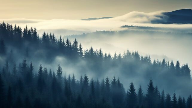 Misty landscape with forest. Fog over spruce forest trees at early morning. Spruce trees silhouettes on mountain hill forest at autumn foggy scenery. © Artofinnovation