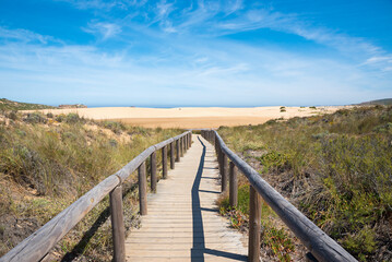 Fototapeta na wymiar wooden boardwalk to the sandy beach, tourist resort Carrapateira Portugal