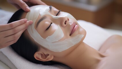 Obraz na płótnie Canvas Tranquil young Asian woman enjoying a facial mask, ideal for wellness and skincare marketing.