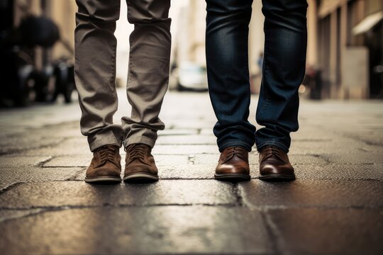 Street Fashion Concept, Legs Of A Man And A Woman Walking In The City, Casual Fashion Concept, Men In Jeans And Sneakers, Close Up View Of Legs Of Man In Stylish Sneakers And Jeans