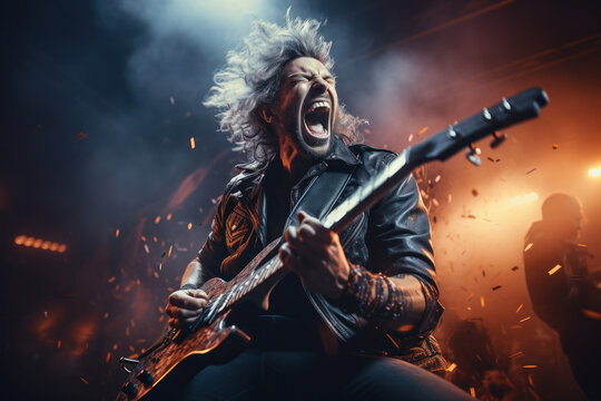A charismatic tough guy leading a rock band on stage, captivating the audience. Concept of rock star magnetism. Generative Ai.