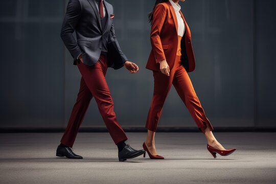 man and woman in fashionable formal get up, cropped shot of woman and man walking together in modern office, fashion concept, corporate people, formal attire, business people