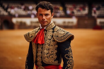 Bullfight in Spain. Spanish bullfighter in the bullfighting arena. Spanish bullfighting bull and matador - obrazy, fototapety, plakaty