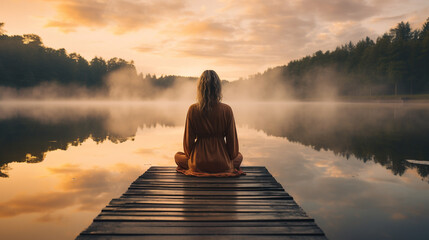 serene meditation pose on a wooden pier, overlooking a calm lake at sunrise Capture the peaceful...