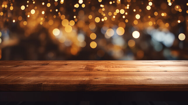 Cozy Wooden Table Set Against A Backdrop Of Sparkling Christmas Lights, Creating A Dreamy Bokeh Effect Emphasize The Contrast Between The Natural Wood And The Festive Lights