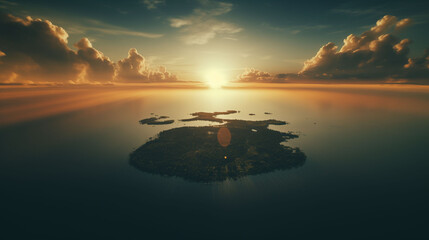 Morning gentle sun among clouds illuminates deserted island densely covered with trees in middle of clear ocean. Clouds part allowing sun to shine on island located in clear ocean water - obrazy, fototapety, plakaty
