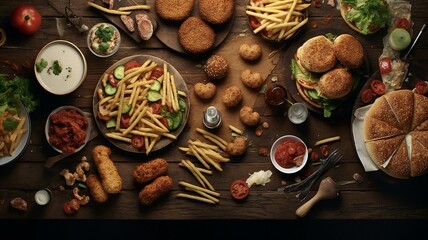 a platter of fast food with fries, chicken, and other items