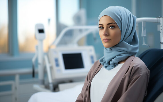 Horizontal portrait shot of attractive smiling adult Muslim patient wearing hijab. Islamic woman