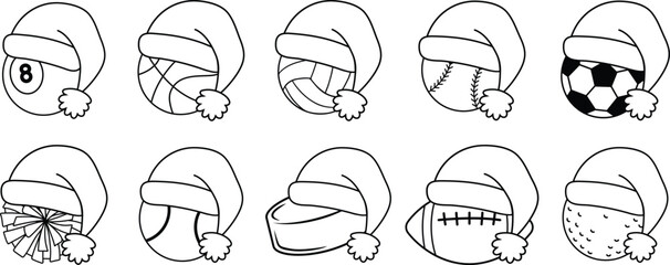 Christmas Sports Balls wearing Santa Hats Outline Clipart Set