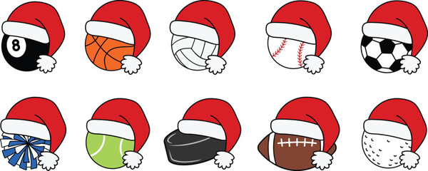 Christmas Sports Balls wearing Santa Hats Clipart Set