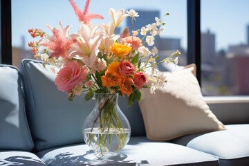 vase with flowers on table in modern interior of living room in apartment, furniture, sofa and pillows, beautiful view outside the window of modern metropolis with skyscrapers