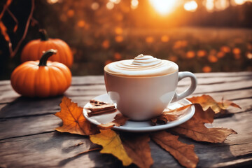 Obraz na płótnie Canvas still life of a cup of hot latte and pumpkins on an old wooden table against the background of beautiful autumn nature at sunset, decoration for Halloween