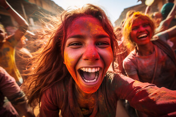 Portrait of a woman at Holi festival. India.
