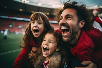 A family radiating happiness in front of the stadium, their animated cheers and smiles convey unbridled joy and excitement during the match