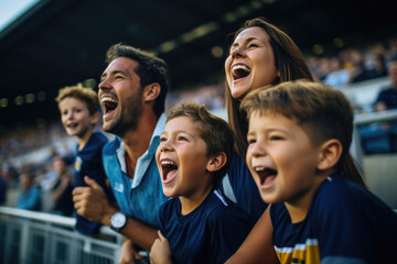 A family overwhelmed with joy stands in front of the stadium, their animated expressions reflecting genuine excitement and unwavering support for their team during the match - Powered by Adobe