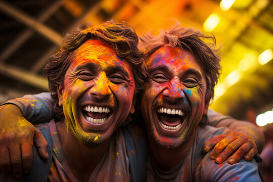 Young friends with colorful paint on clothes bodies having fun together at holi festival