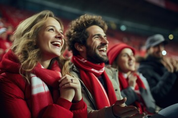 A dynamic pair of football enthusiasts, a man, and a woman, passionately supporting their team on the field during a football match, their faces lit up with excitement