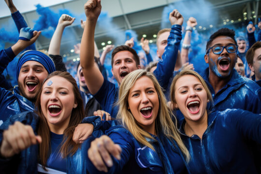 Energetic football fans erupt in cheers, their collective voices creating an atmosphere of excitement and dedication during the match