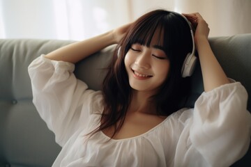 Naklejka premium A detailed close-up of a cheerful Japanese woman with headphones on the sofa depicts a scene of relaxation, where music becomes the conduit for joy in a harmonious cultural space