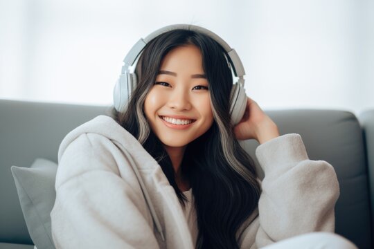 Focused on a smiling Japanese woman, this close-up image portrays the joy of a moment well spent on the sofa with headphones, encapsulating the cultural richness of home entertainment