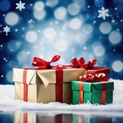Christmas Gifts box on a snowy background, A bokeh background effect.