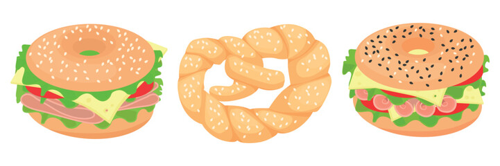 Set of delicious bagels and pretzels in cartoon style. Vector illustration of bagel and pretzel sandwiches sprinkled with sesame seeds with tasty toppings: lettuce, cheese, ham, tomato on background.
