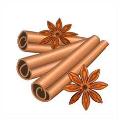 Realistic spices for Christmas mulled wine. Christmas scent cinnamon and anise spices set isolated on white background. Vector illustration EPS 10