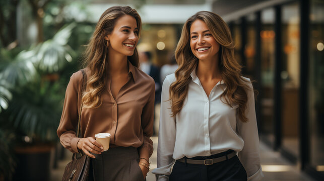 Due donne manager camminano parlando nel corridoio dell'azienda vicino agli uffici