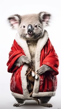 Cute koala red santa hat background snow postcard fluffy animals gift red winter photo