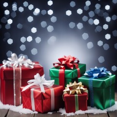 Christmas Gifts box on a snowy background, A bokeh background effect.