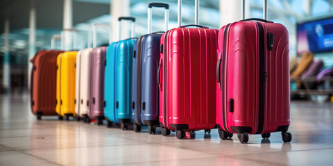 This wide banner showcases a lineup of luggage suitcases in an airport setting, offering a generous area for illustrating vacation and holiday travel ideas. - obrazy, fototapety, plakaty