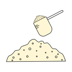 Portion of whey protein powder with scoop isolated on white background. Simple cartoon flat. Vector illustration