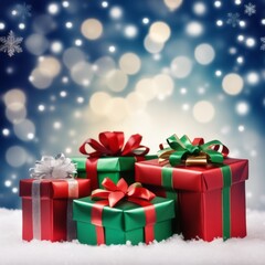 Obraz premium Christmas Gifts box on a snowy background, A bokeh background effect.