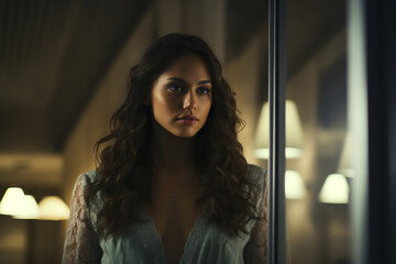 Classy beautiful woman looking at her reflections in the mirror 