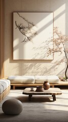 A serene Japandi-inspired living space blending Scandinavian minimalism with Japanese aesthetics, emphasizing simplicity and natural elements.