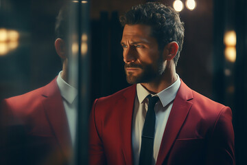 Man wearing suit and tie looking in the mirror reflections