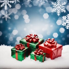Obraz premium Christmas Gifts box on a snowy background, A bokeh background effect.