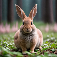 Fototapeta premium Close-up photo of a rabbit, forest, haze, halo, bloom, dramatic atmosphere