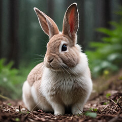 Close-up photo of a rabbit, forest, haze, halo, bloom, dramatic atmosphere