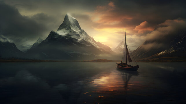 ship on a mountainlake, scenery, nature, mountains, lake