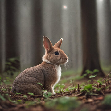 Close-up photo of a rabbit, forest, haze, halo, bloom, dramatic atmosphere