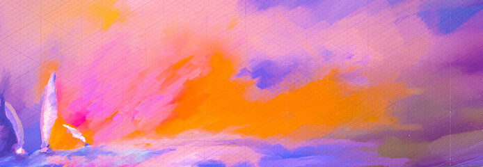 Vibrant, Colorful & Bright Trio of Sailboats at Sunrise or Sunset Art, digital painting, artwork, design, illustration