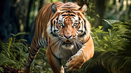 Fototapeta premium Tiger dashes, hunting, lush sunny wilderness.