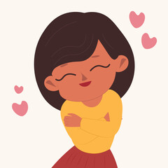 Love yourself. woman hugging herself. Taking care of yourself, accepting yourself. Vector illustration.