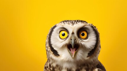 Surprised owl with open beak on yellow background. Owl or eagle owl close up with large surprised yellow eyes screams. For poster, banner, postcard, advertising. shocking news poster content.