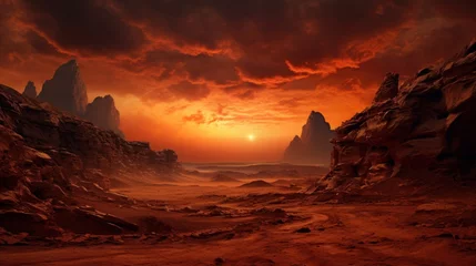 Foto op Plexiglas Donkerrood Red Martian desert. Fantastic alien landscape of another planet with mountains, red earth, fantastic sky with moon. Other worlds and fantasy concept. Fantasy illustration